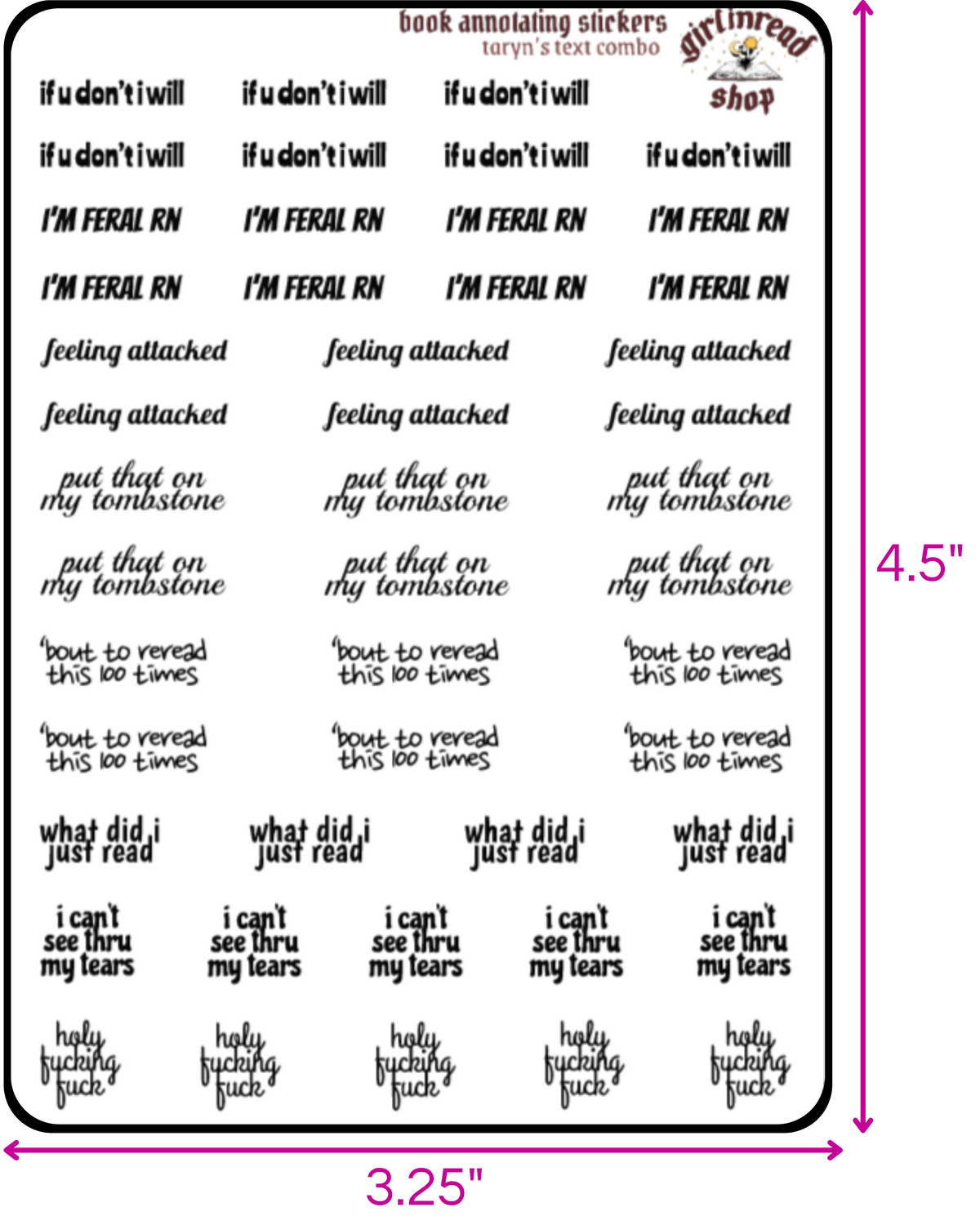 taryn's text sticker combo sheets