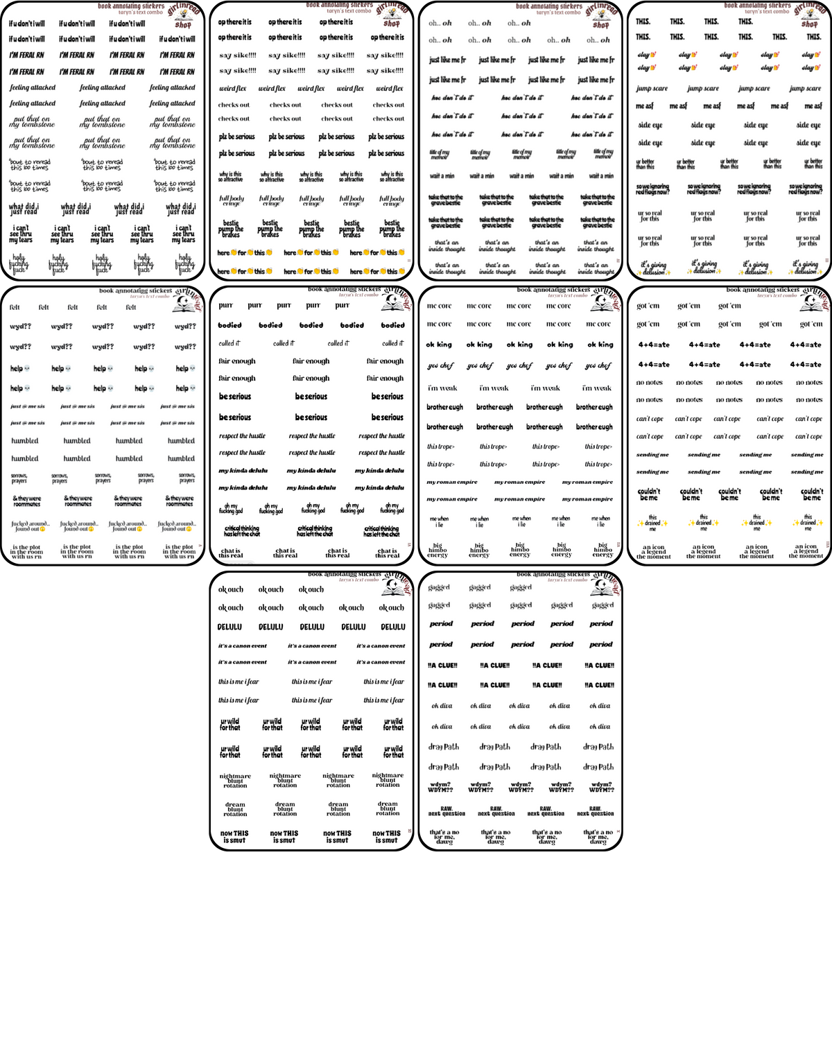 taryn's text sticker combo sheets