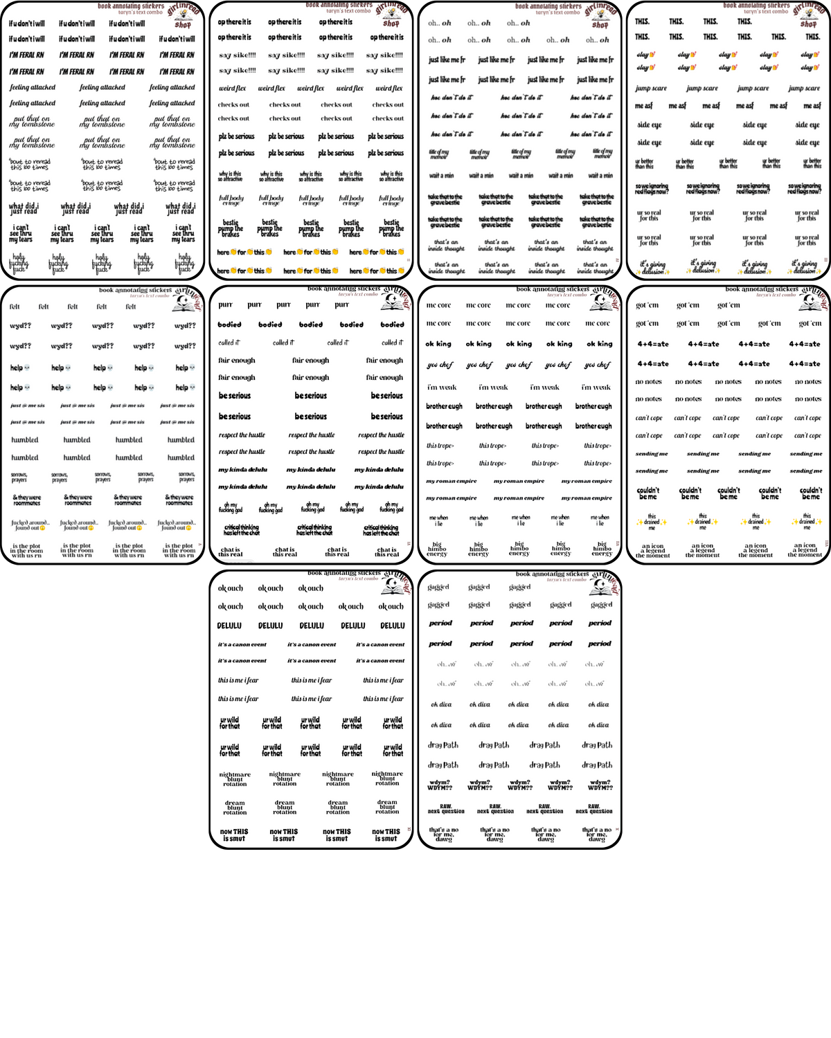 taryn's text sticker combo sheets